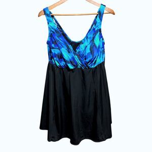 Longitude Womens Swimsuit 20W Black Blue Print Drape Crossover Swim Dress Skirt